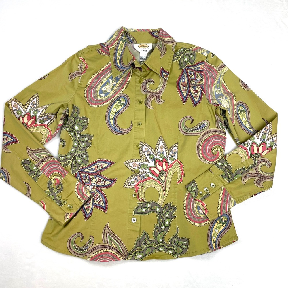 Talbots Button Down Cotton Women S Petite Green Paisley Y2K Stretch Shirt